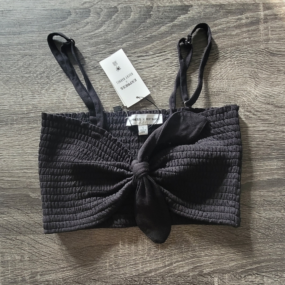 Express x Rocky Barnes Black Smocked Bow Crop Top